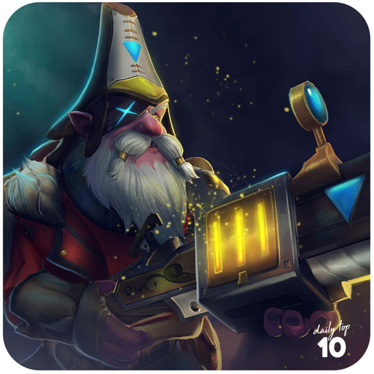 Dota 2 Sniper 桌布 壁紙 — 一個異想天開的地精，有著發光的藍色眼睛和白色鬍鬚，在繁星點點的夜空下揮舞著未來武器。