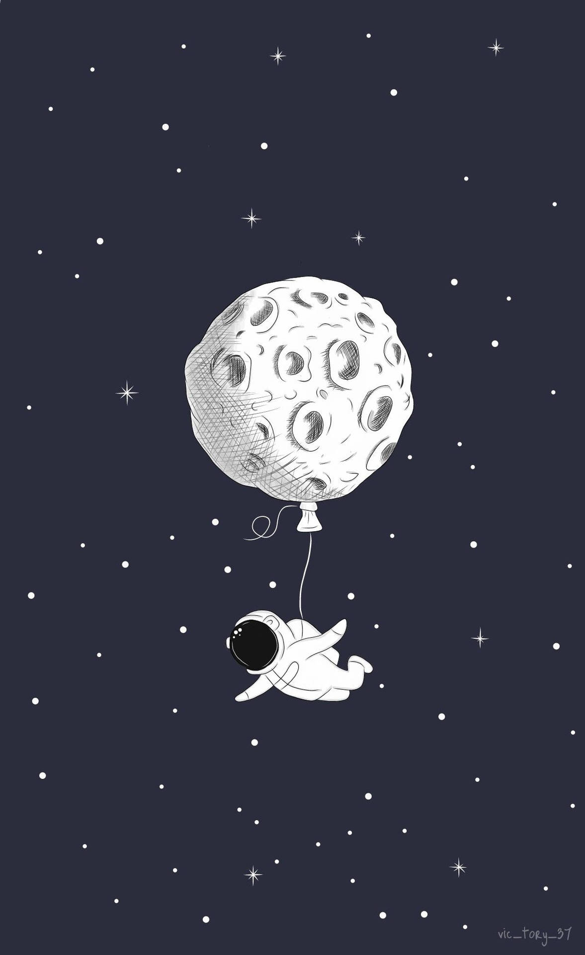一個太空人在太空中漂浮，附著在一個月亮形狀的氣球上，周圍是星星。 — 太空人 壁紙