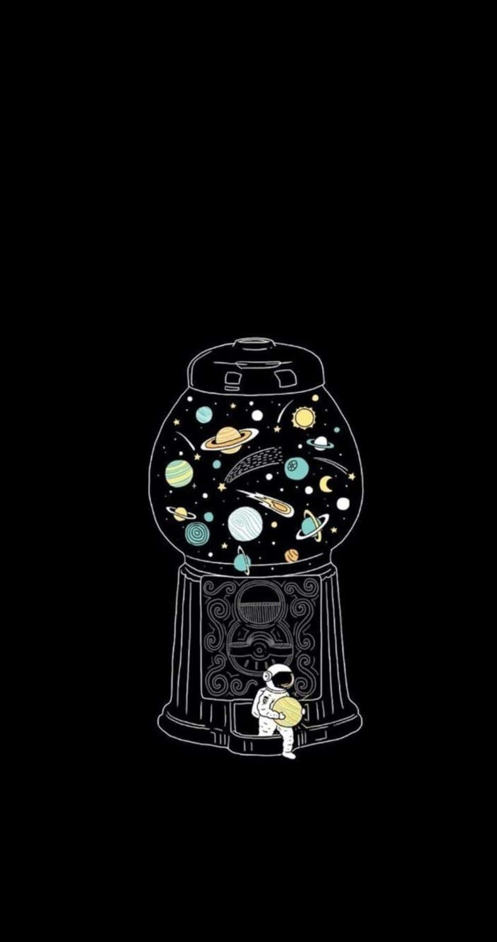 手機 桌布 壁紙 — 一個異想天開的太空人站在一個裝滿彩色行星和星星的扭蛋機前，背景為黑色。