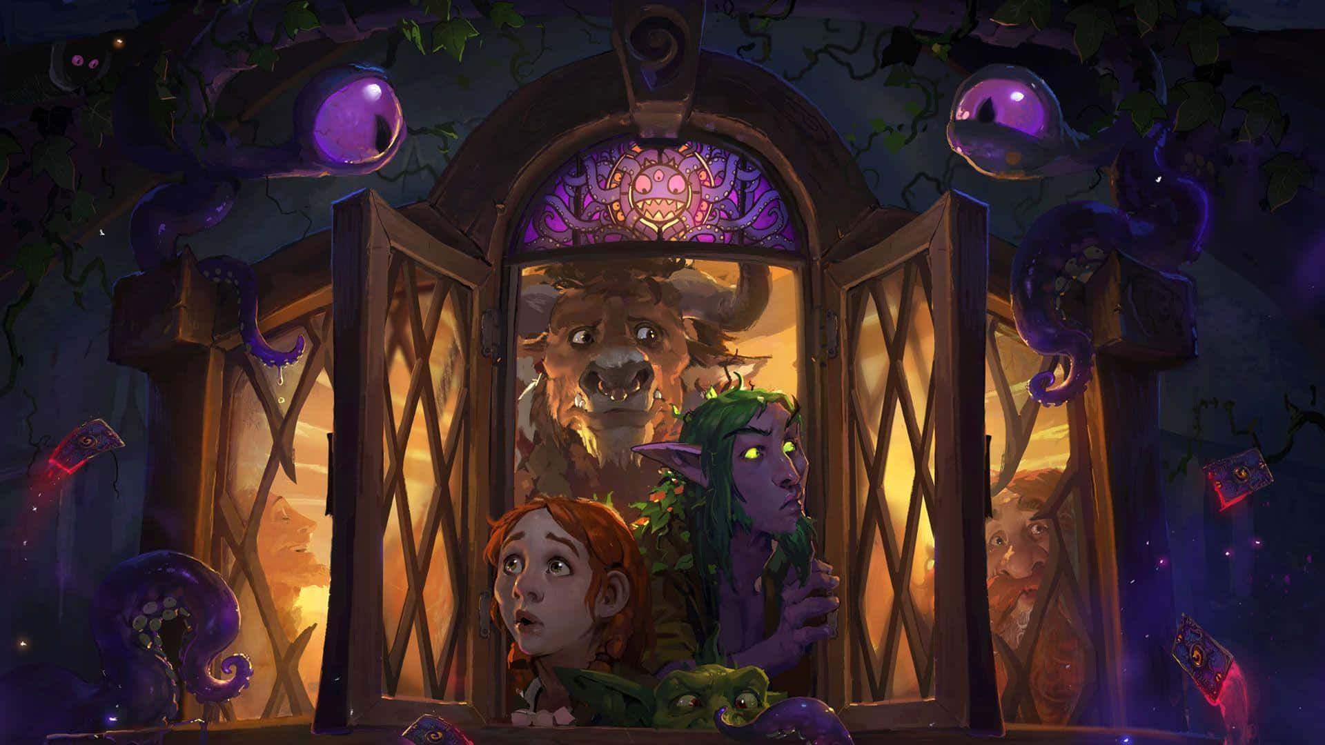 Hearthstone 桌布 壁紙 — 一個異想天開的奇幻場景顯示一個年輕女孩和一個綠色皮膚的精靈從發光的窗戶望向一隻巨大的野獸和魔法紫色森林中的其他生物。