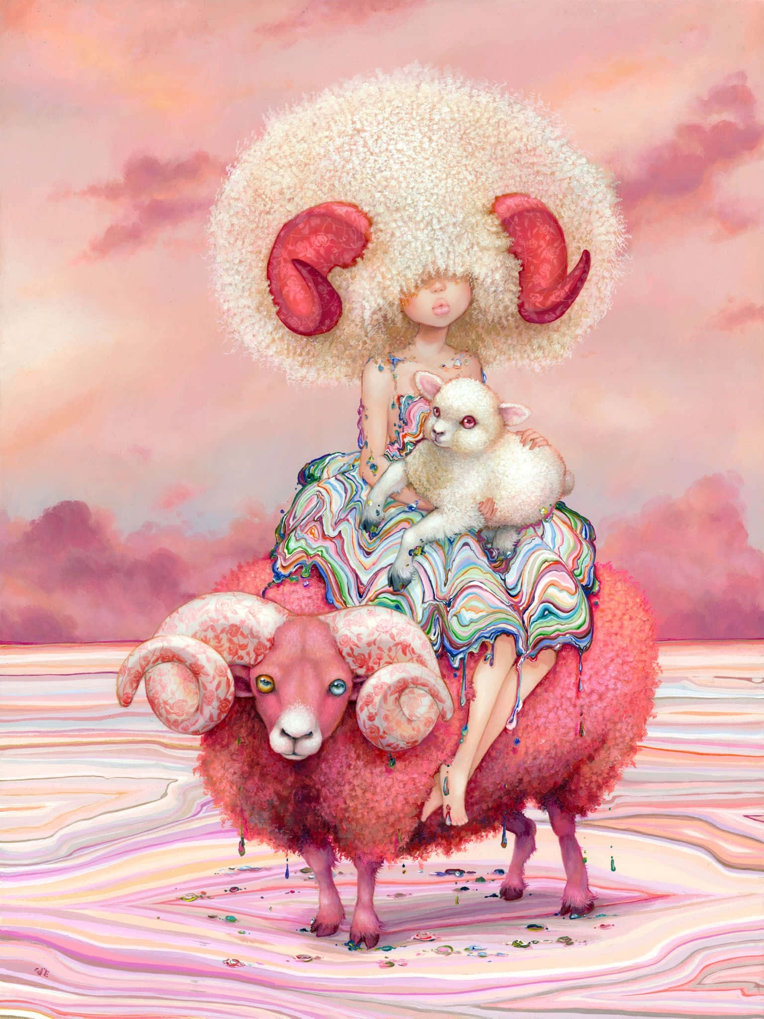 aries 桌布 壁紙 — 一個異想天開的女孩，梳著公羊頭造型的髮型，騎著一隻粉紅色的羊毛公羊，穿越超現實的粉彩風景。