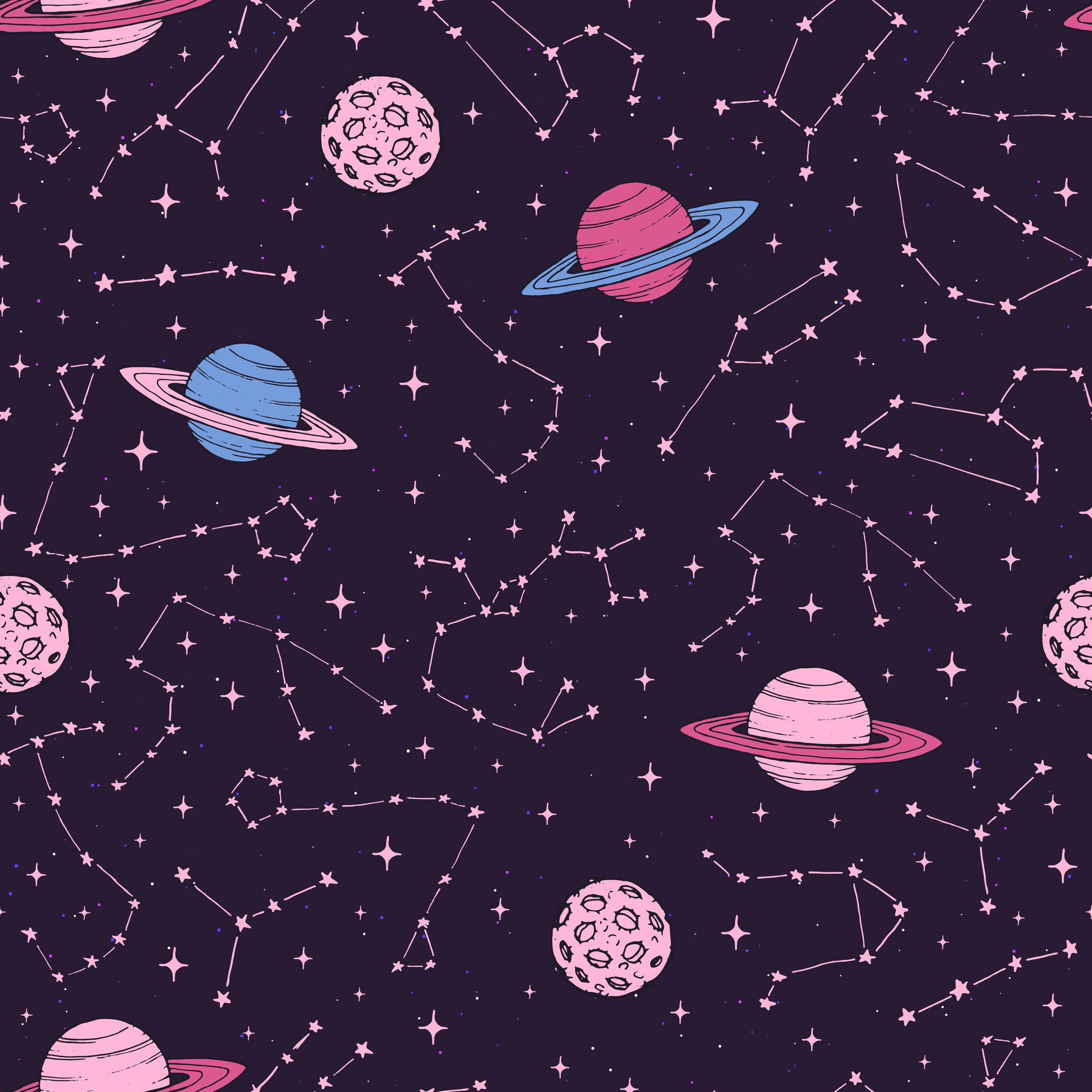 一個色彩繽紛的太空圖案，在紫色背景上有行星、光環和星星。 — 星座 GIF 壁紙