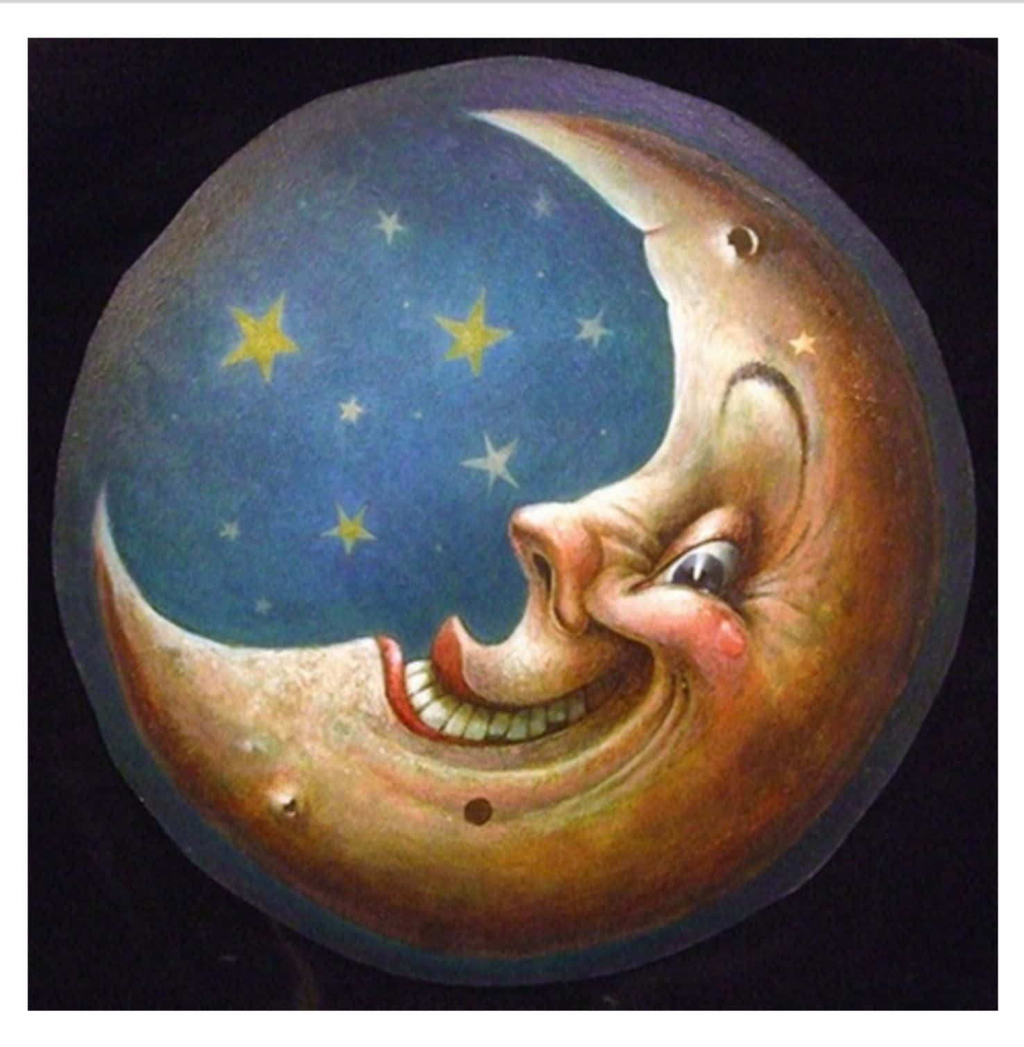 Moon Face 桌布 壁紙 — 一個異想天開的彩繪新月，帶有歡樂的臉龐，其彎曲內部有星空藍天。