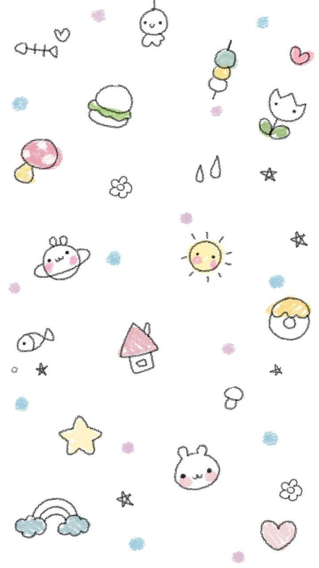Cute Kawaii Aesthetic 桌布 壁紙 — 一個異想天開的手繪圖案，可愛的卡通角色和物體如太陽、彩虹和心形散落在白色背景上。