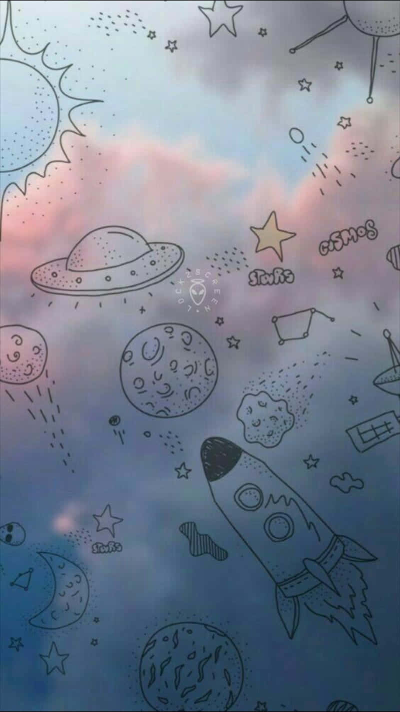 塗鴉動圖 桌布 壁紙 — 一個異想天開的手繪太空場景，有火箭、UFO 和行星漂浮在粉彩天空上。
