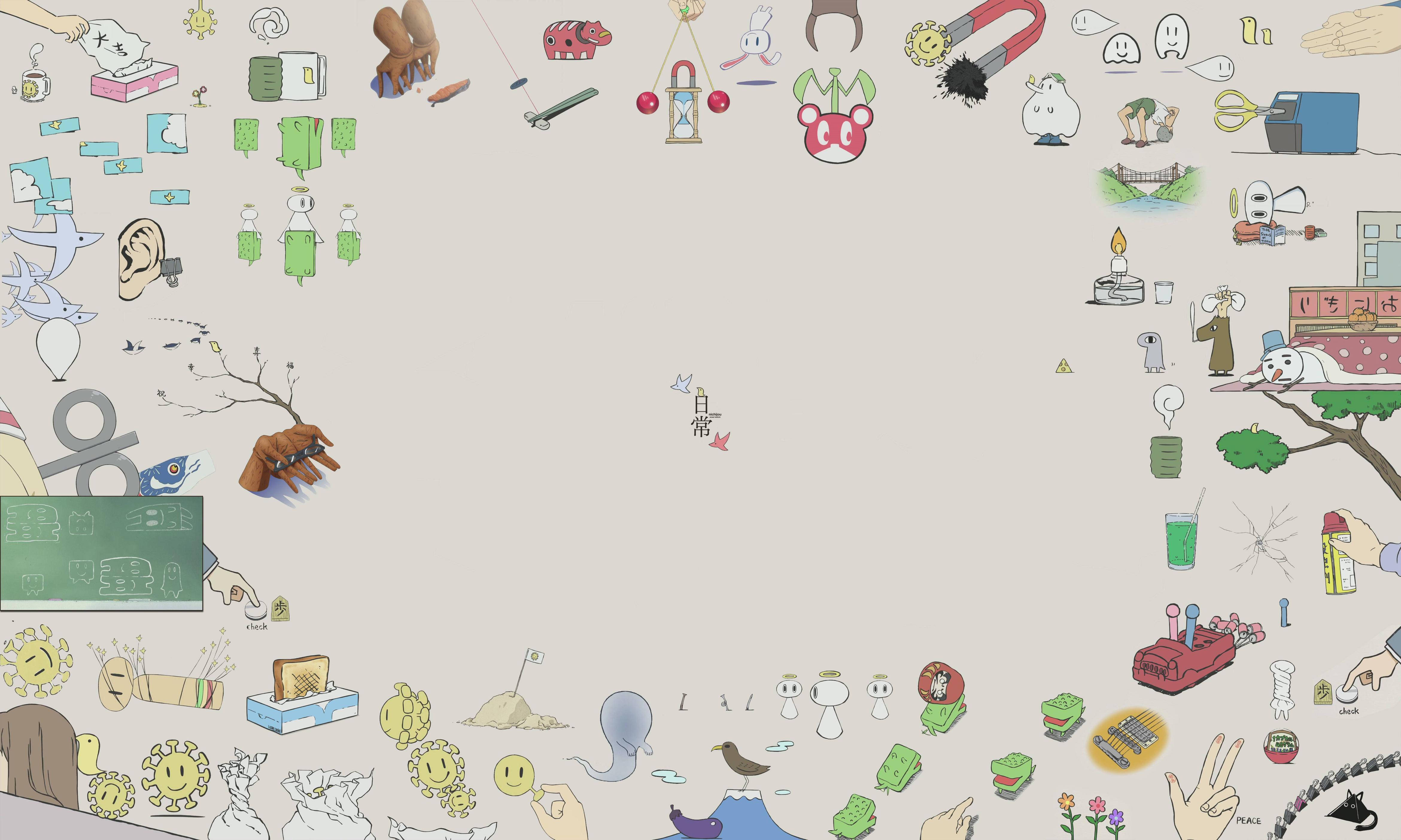 Anime Desktop 桌布 壁紙 — 一個異想天開的拼貼畫，由散落的卡通塗鴉和日常物品圍繞著中央空白區域排列在米色背景上。