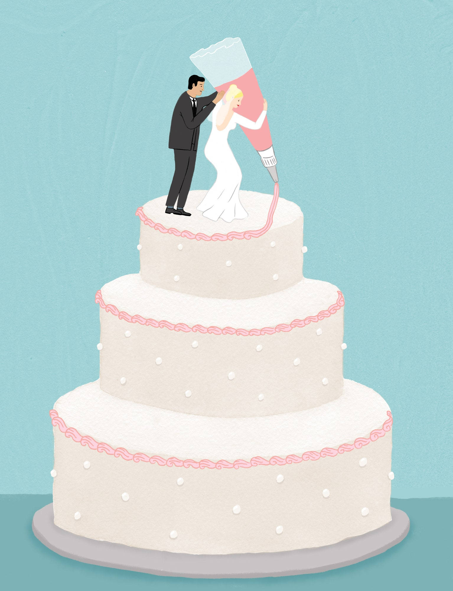 Wedding 桌布 壁紙 — 一個異想天開的插圖，描繪一對新人公仔放在三層結婚蛋糕上，並用一個巨大的粉紅色擠花袋裝飾。