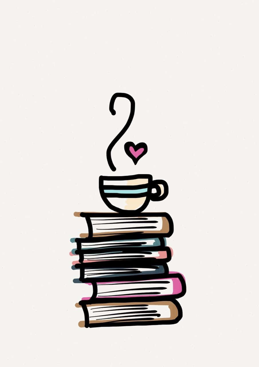 books 桌布 壁紙 — 一個異想天開的插圖，描繪一杯咖啡放在一堆書上，上方有愛心形狀的蒸氣旋渦升起。