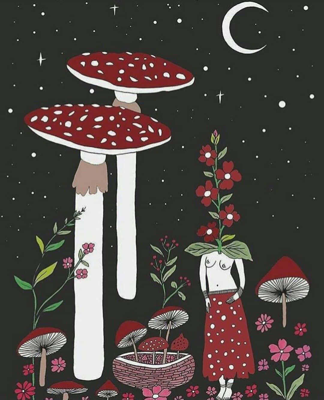 Mushroom Phone 桌布 壁紙 — 一個異想天開的插圖，描繪了一個頭部是花朵的人站在巨大的紅色蘑菇旁邊，背景是新月和星星。