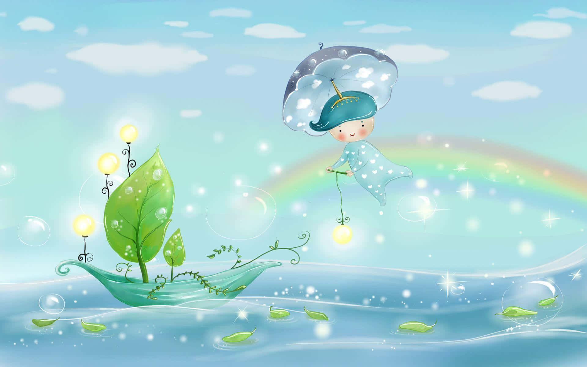 Cute Animated 桌布 壁紙 — 一個異想天開的插圖小孩，拿著雲朵雨傘，漂浮在彩虹之上，乘坐著帶有發光燈籠的葉子船，在閃閃發光的藍色大海上。