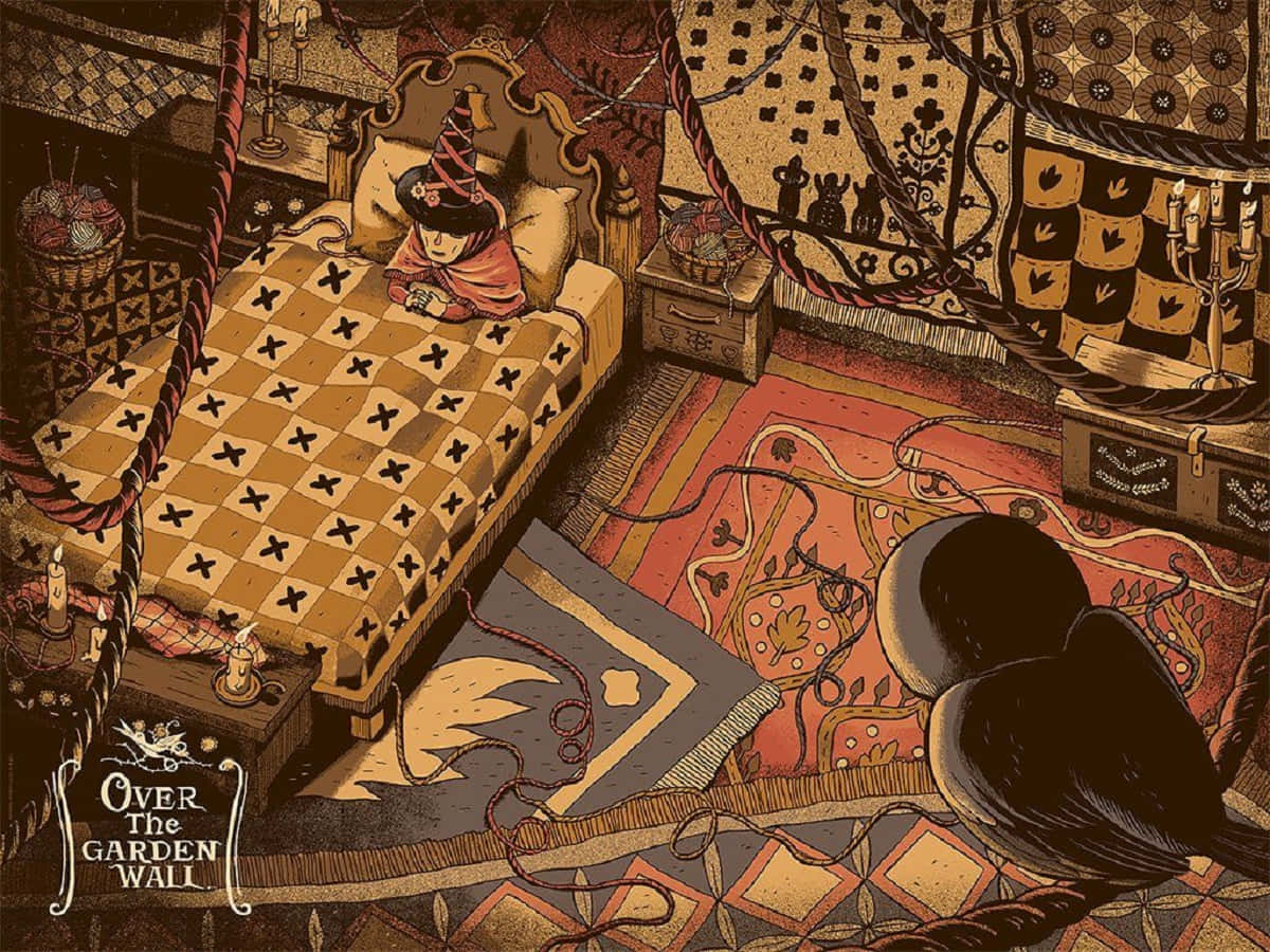 over the garden wall 桌布 壁紙 — 一個異想天開的插圖臥室，一個戴尖帽的孩子在格子毯子下睡覺，周圍是華麗的家具和圖案地毯。