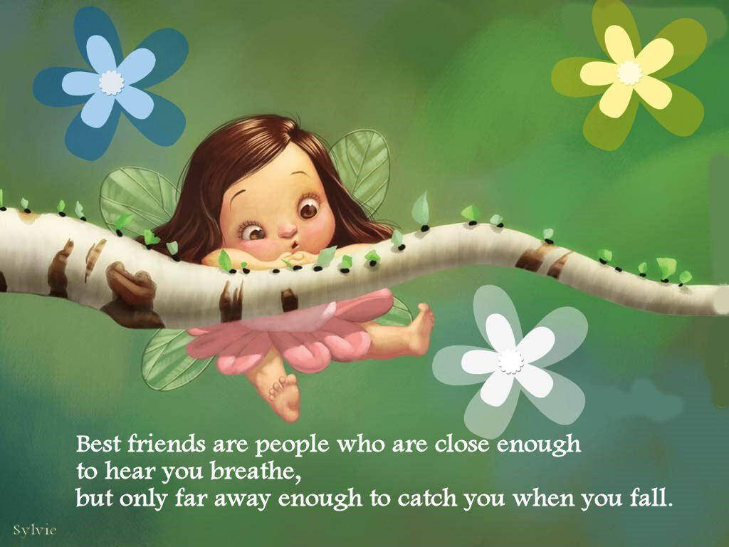 Best Friend Quotes 桌布 壁紙 — 一個異想天開的插畫仙子，棕色頭髮和綠色翅膀，從一棵被風格化花朵包圍的白樺樹枝上探出頭來。
