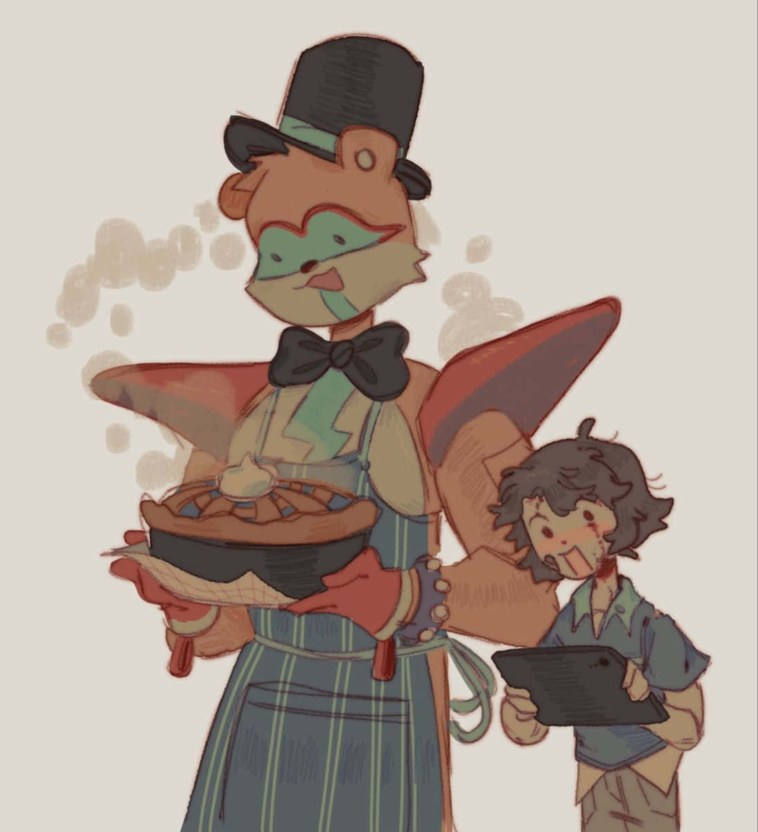 Fnaf Characters 桌布 壁紙 — 一個異想天開的擬人化狐狸廚師，戴著高帽和圍裙，自豪地展示一個冒煙的餡餅，而一個驚訝的孩子拿著平板電腦。