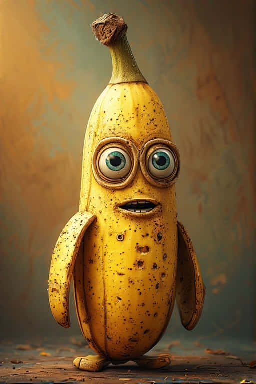 Realistic Banana Character with Magical Lighting 壁紙 — 一個異想天開的擬人化香蕉，戴著超大護目鏡，表情驚訝，站在有紋理的暖色調背景前。