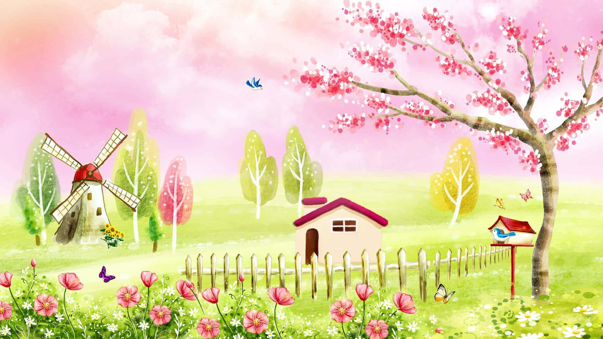 小孩動圖 桌布 壁紙 — 一個異想天開的春天場景，有粉紅色的櫻花樹、風車和小屋，周圍環繞著鮮花和蝴蝶，在柔和的粉紅色天空下。