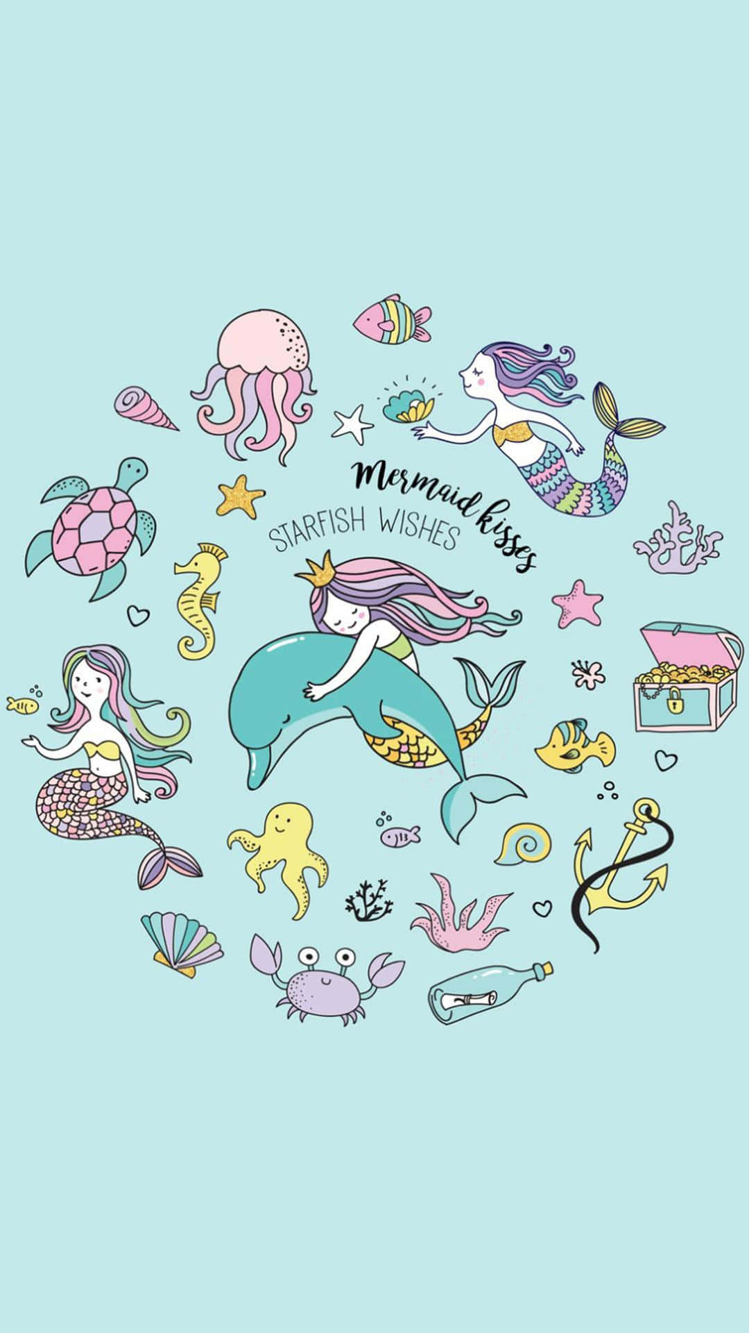 美人魚 桌布 壁紙 — 一個異想天開的水下場景，美人魚、海豚和海洋生物漂浮在淺藍色背景上的寶箱周圍。