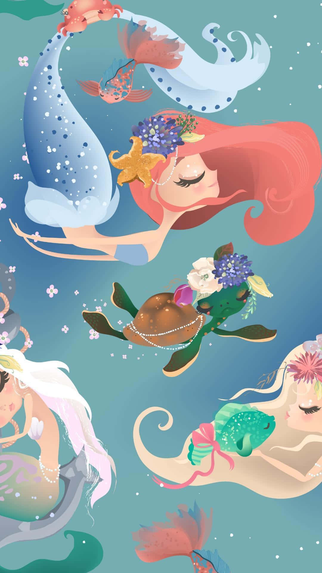 美人魚 桌布 壁紙 — 一個異想天開的水下場景，美人魚和海洋生物裝飾著鮮花和珍珠，在藍綠色海洋中游泳。