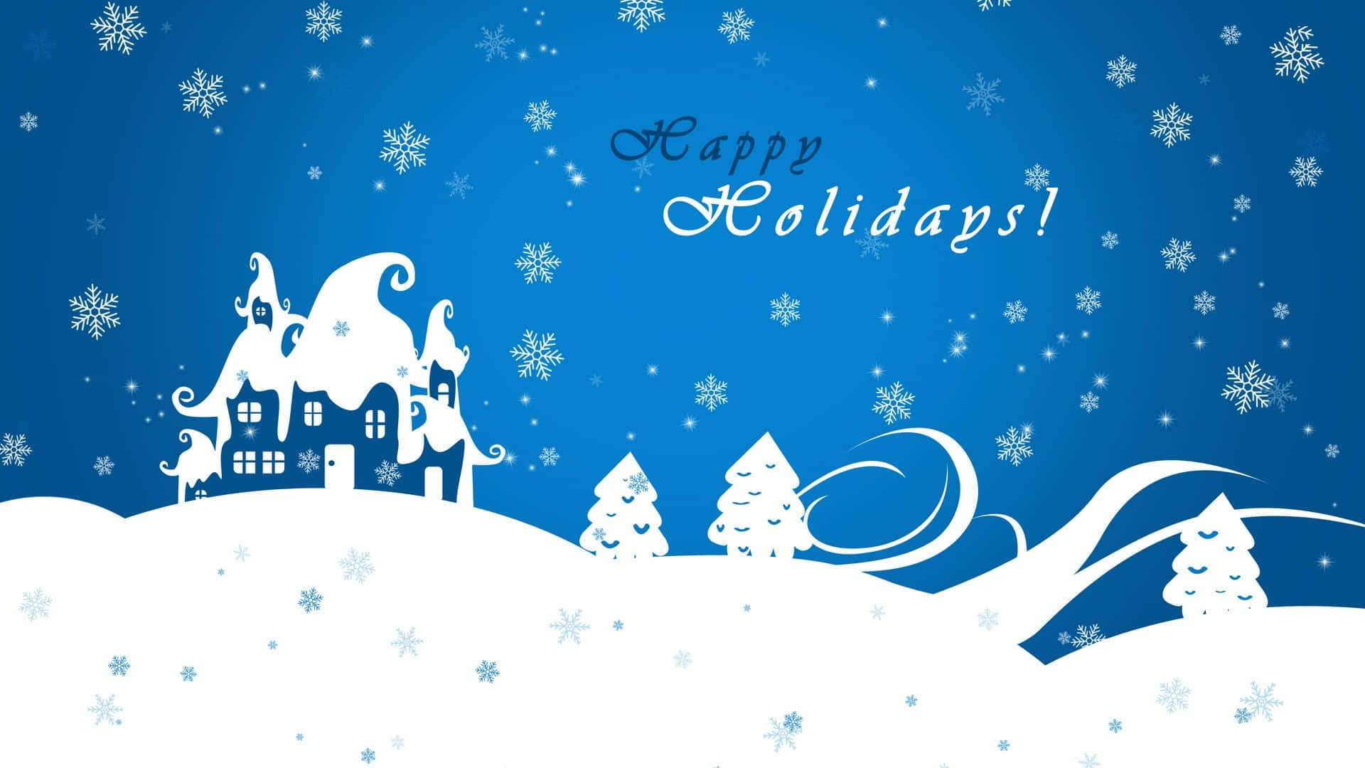 Happy Holidays 桌布 壁紙 — 一個異想天開的白色剪影，描繪雪覆蓋的小屋和樹木，背景是深藍色的天空，飄落著雪花，並帶有「Happy Holidays!」文字。