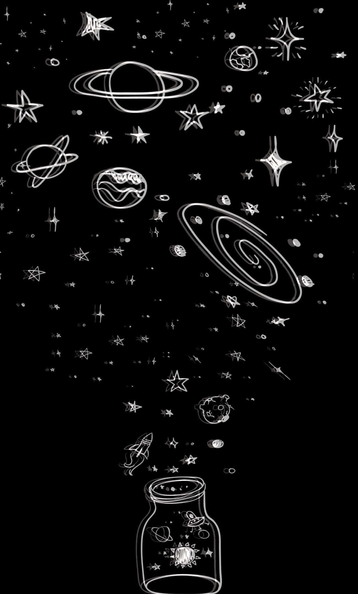 Cute Dark 桌布 壁紙 — 一個異想天開的白色線條畫，描繪天體和星星漂浮在黑色虛空中，底部有一個裝有微型宇宙的罐子。