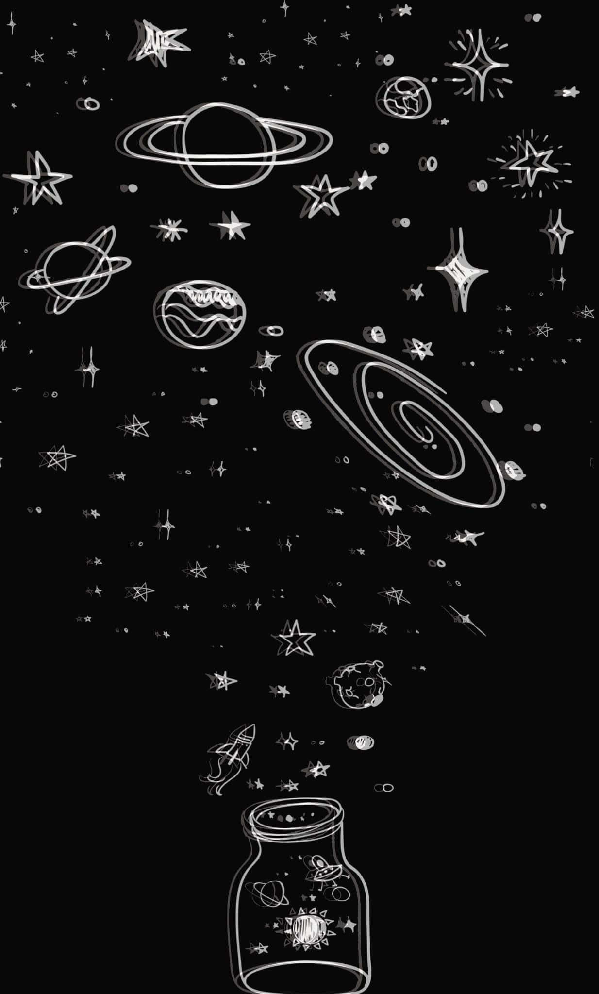 Pinterest 桌布 壁紙 — 一個異想天開的白色線條畫，描繪天體和星星從玻璃瓶中飄出，背景為黑色。