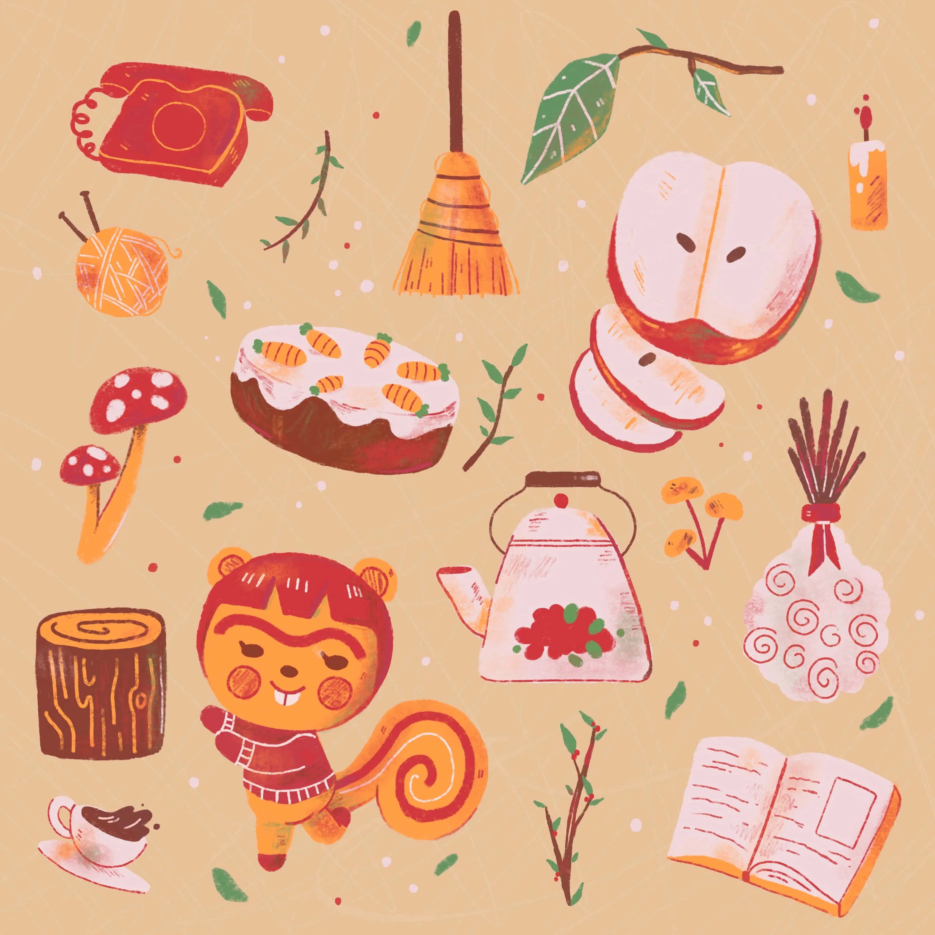Hazel Aesthetic 桌布 壁紙 — 一個異想天開的秋季主題插圖集，包括微笑的松鼠、蘋果片、蘑菇和茶壺，散落在溫暖的米色背景上。