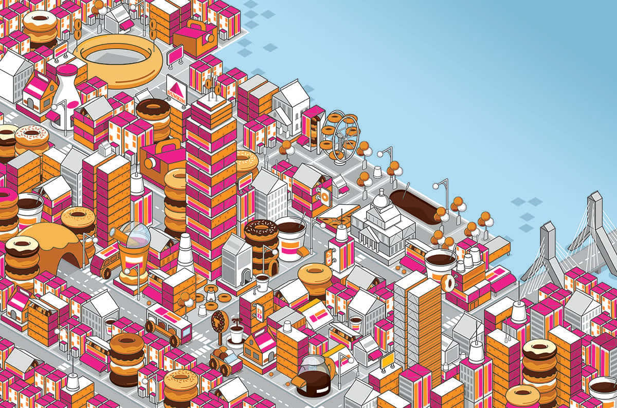 Dunkin Donuts 桌布 壁紙 — 一個異想天開的等距城市景觀，建築物由巨型甜甜圈、餅乾和咖啡杯組成，在清澈的藍天下。