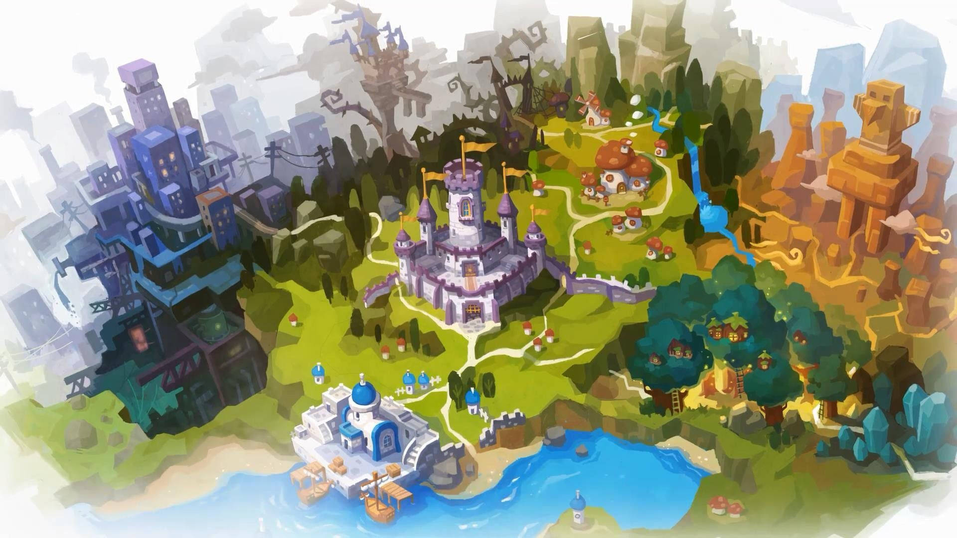 Maplestory 2 桌布 壁紙 — 一個異想天開的等距幻想世界，擁有城堡、海盜船和色彩繽紛的村莊，坐落在森林和山脈之間。