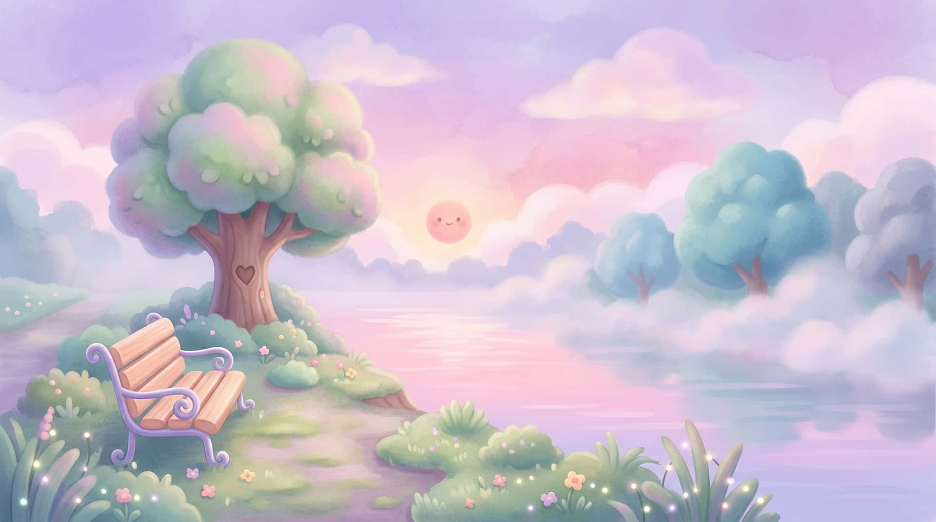 Whimsical Pastel Lakeside at Sunrise 壁紙 — 一個異想天開的粉彩風景，特色是微笑的太陽從夢幻的湖面升起，湖邊有心形樹下的木長椅。