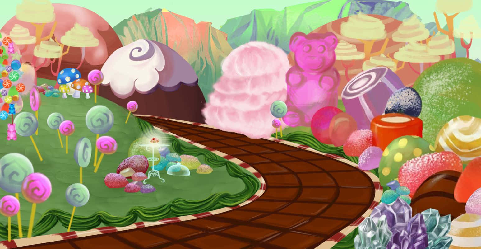 Candy Land 桌布 壁紙 — 一個異想天開的糖果樂園景觀，有一條巧克力小徑蜿蜒經過巨大的棒棒糖、棉花糖和軟糖熊山丘，上方是粉彩色的天空。