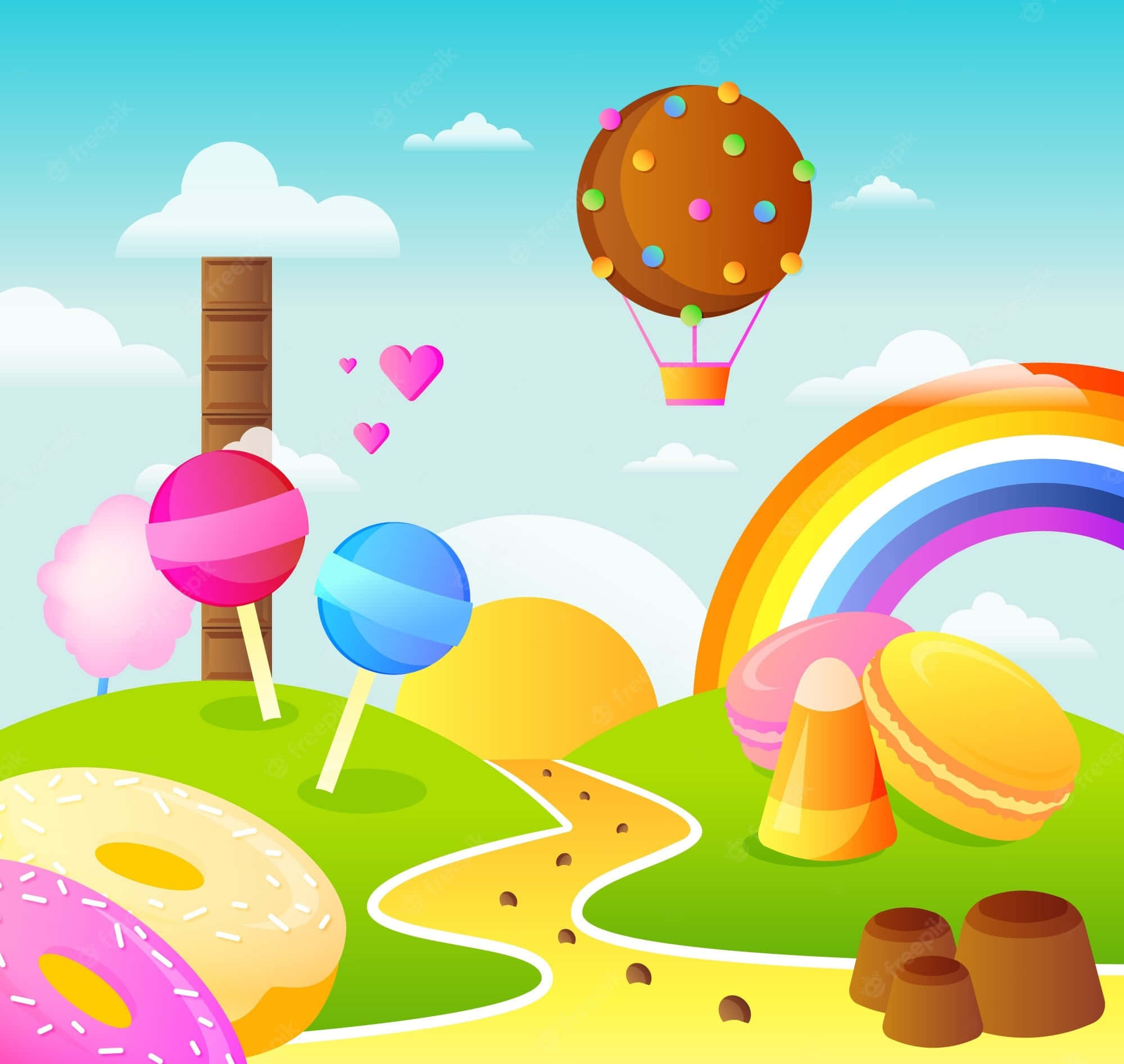 Candy Land 桌布 壁紙 — 一個異想天開的糖果樂園景觀，有巨大的棒棒糖、甜甜圈和一個餅乾熱氣球在彩虹下漂浮。