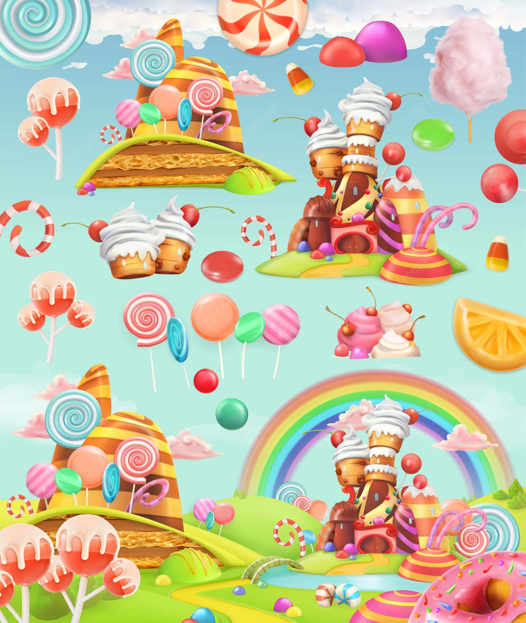 Candy Land 桌布 壁紙 — 一個異想天開的糖果樂園景觀，有巨大的棒棒糖、紙杯蛋糕和彩虹拱形在甜點之上，背景是粉彩天空。