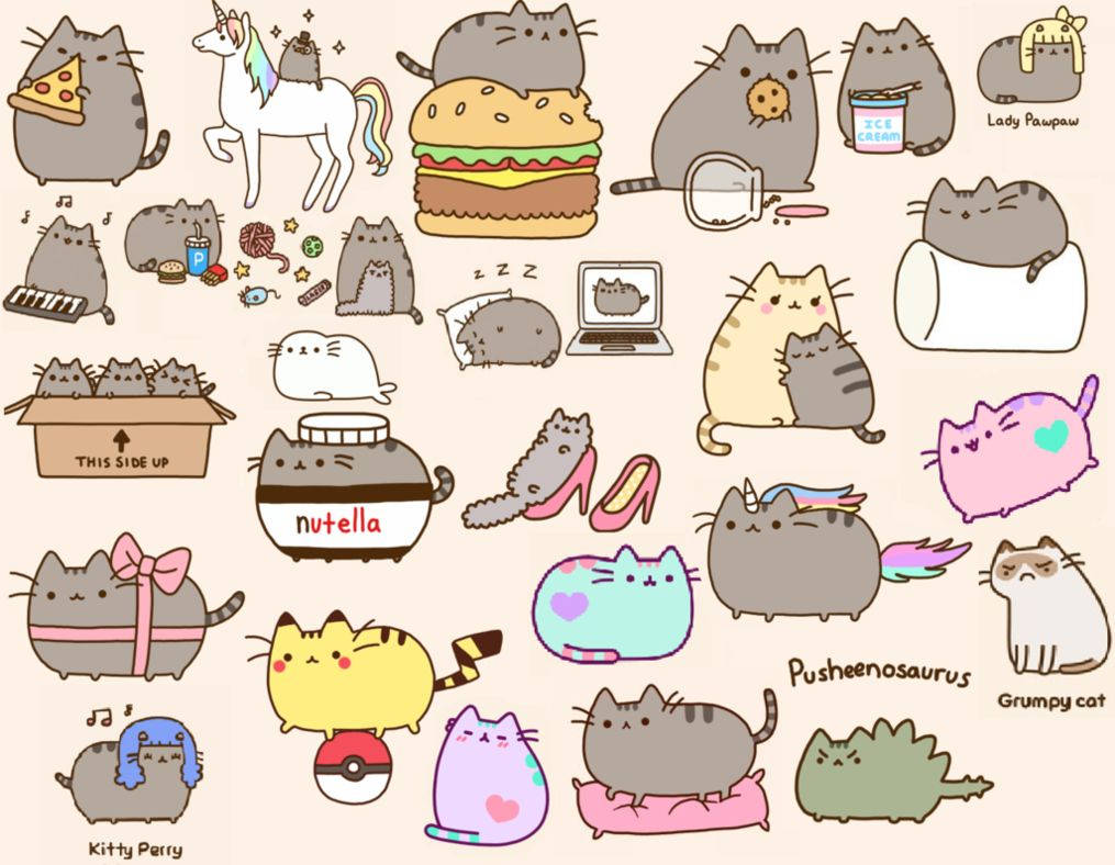 pusheen 動圖 桌布 壁紙 — 一個異想天開的系列，包含 Pusheen 和朋友們的貓咪，以可愛卡通姿勢搭配食物玩具和配件，背景為柔軟的米色。