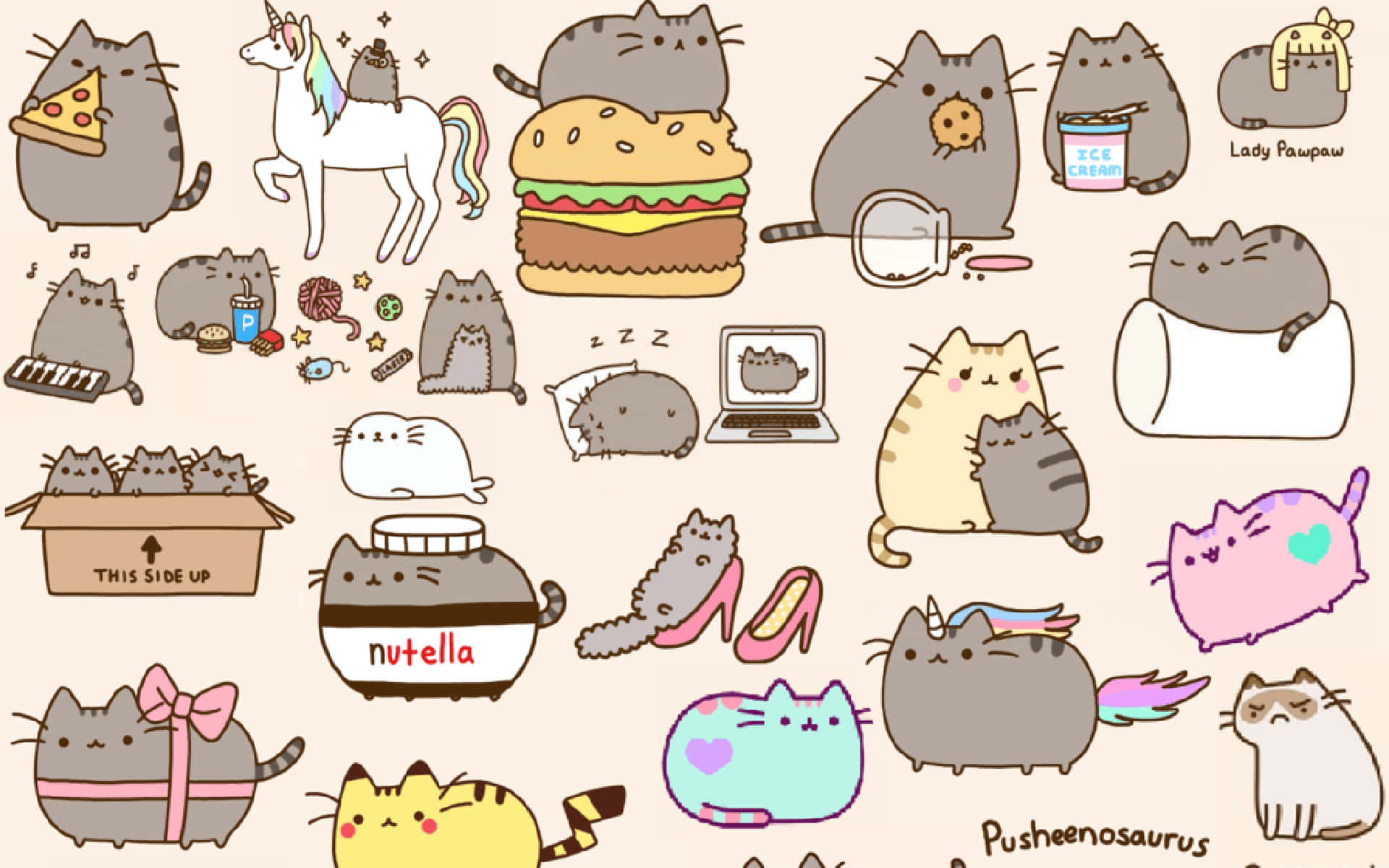 Pusheen Kawaii 桌布 壁紙 — 一個異想天開的系列，包含各種可愛卡通貓咪在柔軟米色背景上，以食物和物品擺出各種俏皮姿勢。