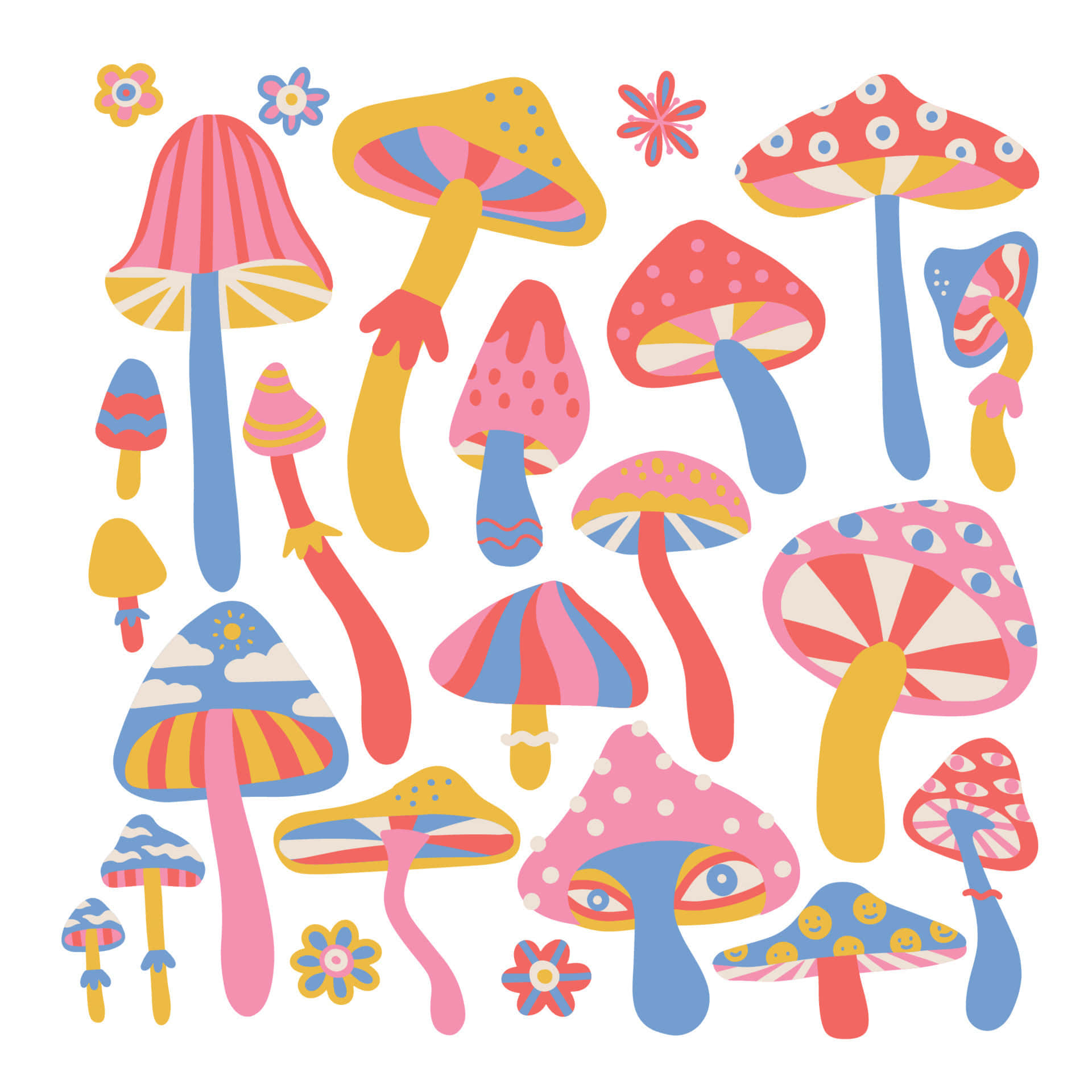 Trippy Mushroom 桌布 壁紙 — 一個異想天開的系列，包含色彩鮮豔的卡通蘑菇，帶有俏皮圖案和笑臉，散落在白色背景上。