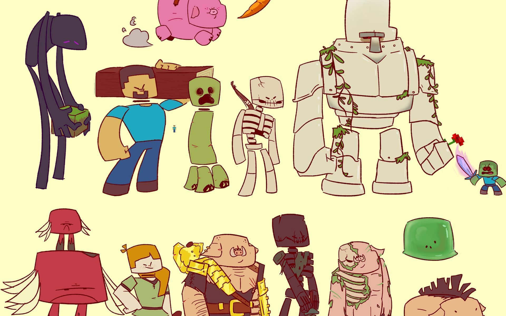 Minecraft Art 桌布 壁紙 — 一個異想天開的系列，包含風格化的Minecraft風格角色，包括殭屍、骷髏和一個巨型機器人，背景為淡黃色。