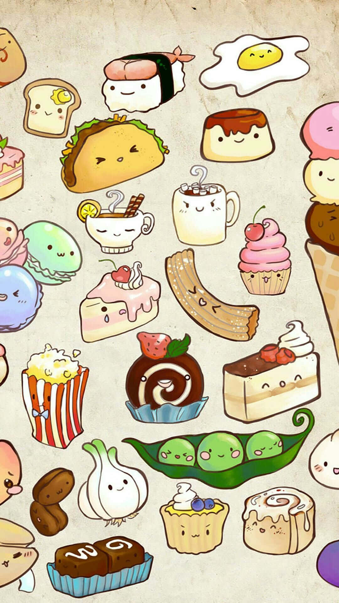 Cute Food iPhone 桌布 壁紙 — 一個異想天開的系列，可愛的食物物品帶著微笑的臉孔散落在有紋理的米色背景上。