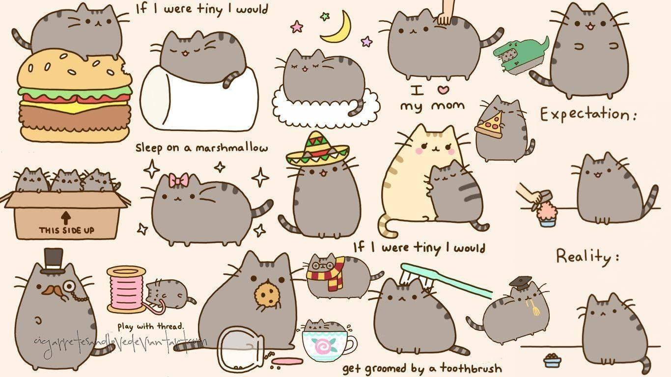 pusheen 動圖 桌布 壁紙 — 一個異想天開的系列，展示貓咪 Pusheen 在各種可愛場景中，配上幽默的標題。