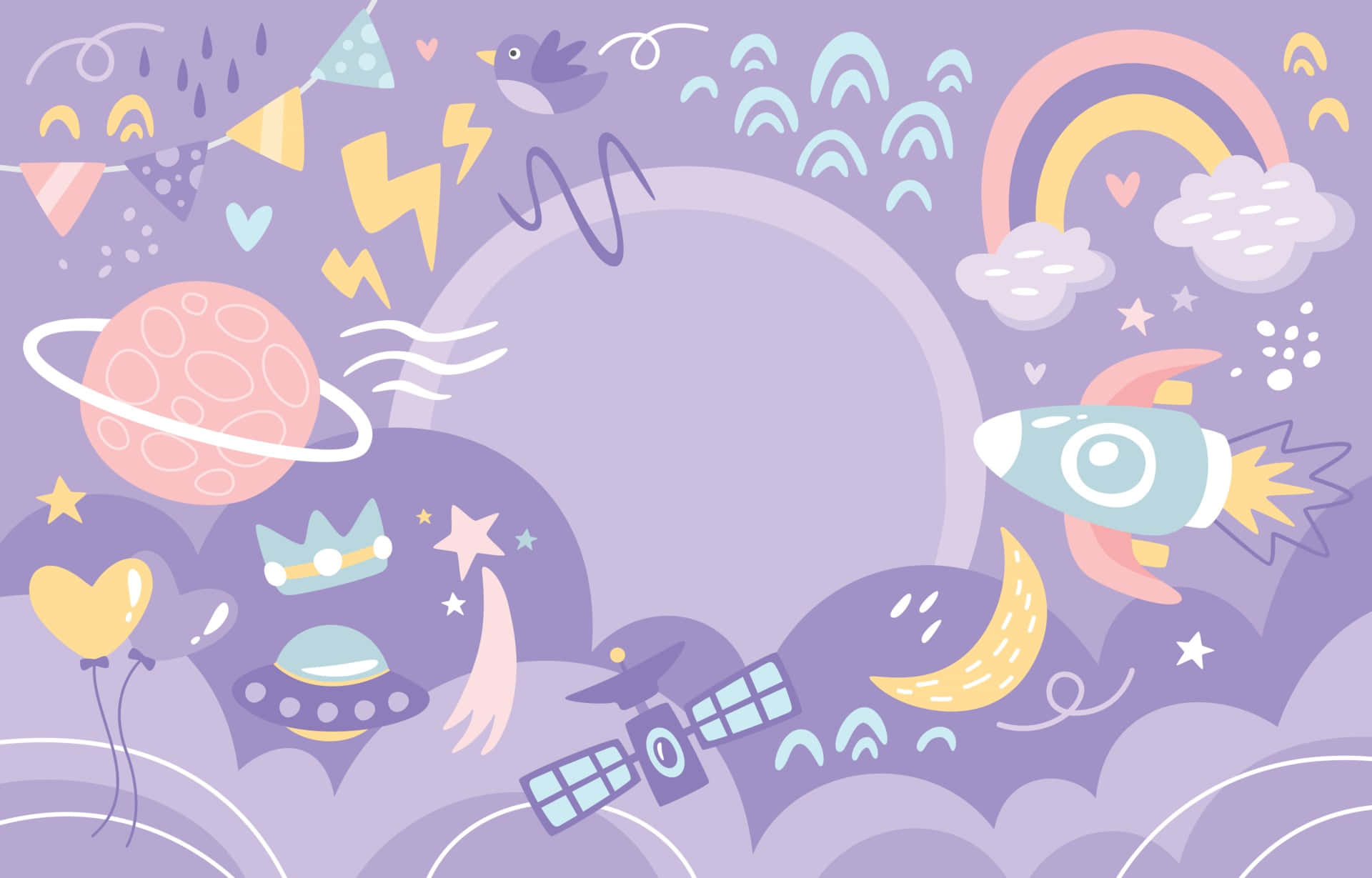 Kawaii Space 桌布 壁紙 — 一個異想天開的紫色天空，充滿了火箭太空船、彩虹、行星、UFO和節日彩旗，襯托著蓬鬆的雲朵。