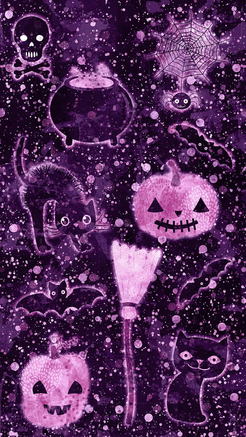 Cute Pumpkin iPhone 桌布 壁紙 — 一個異想天開的紫色萬聖節桌布，包含蝙蝠、貓咪、南瓜和一個大鍋，背景是閃爍的宇宙。