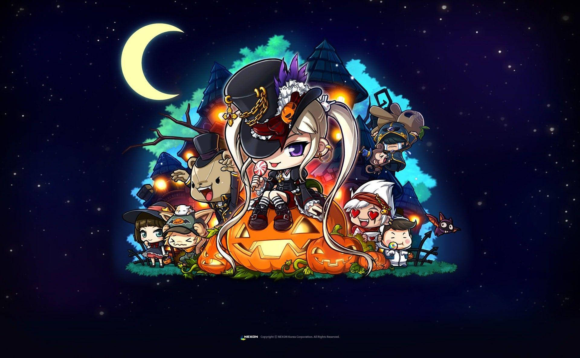 game 桌布 壁紙 — 一個異想天開的萬聖節場景，Q版角色穿著恐怖服裝，聚集在彎月下發光的南瓜燈周圍。