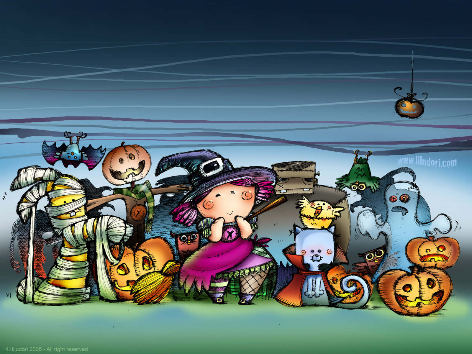 Trick Or Treat 桌布 壁紙 — 一個異想天開的萬聖節場景，可愛的女巫被友善的怪物、南瓜和蝙蝠包圍，背景是黑暗的天空。