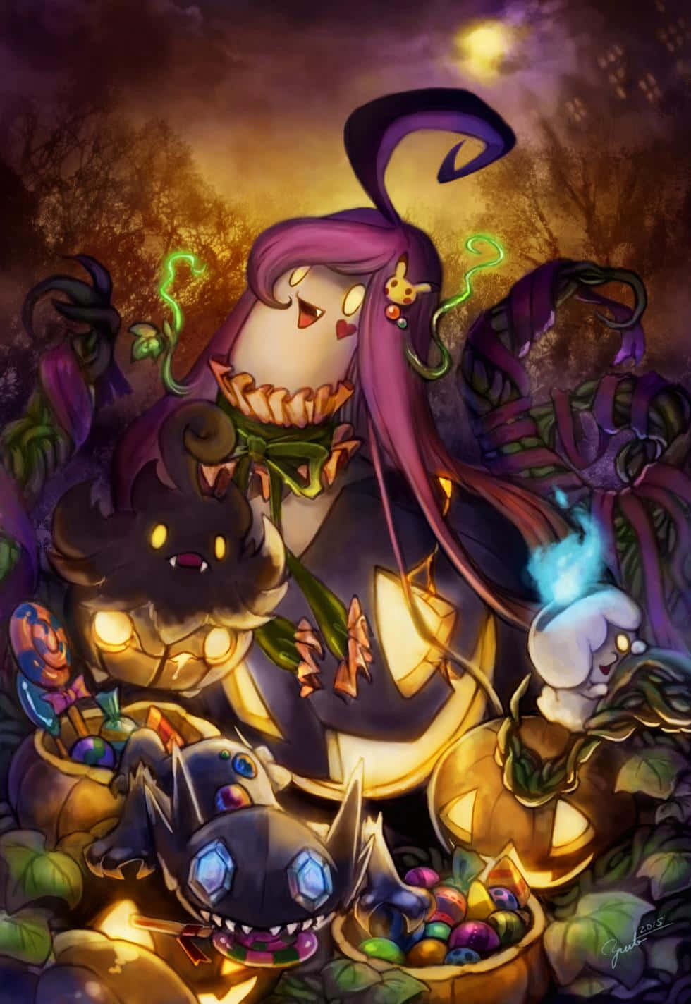 Pokemon Halloween 桌布 壁紙 — 一個異想天開的萬聖節場景，紫色頭髮的女巫被發光的南瓜燈和裝滿糖果的籃子包圍，在月光下的天空。