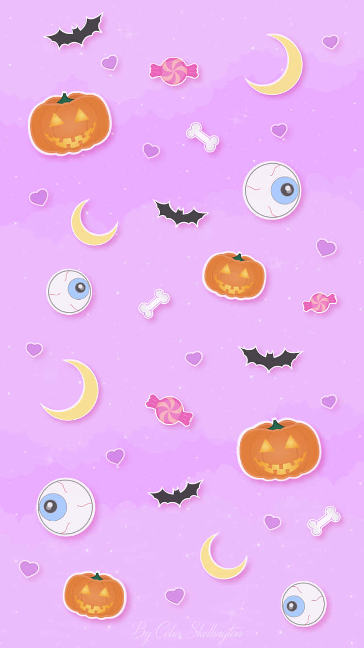 Pastel Halloween 桌布 壁紙 — 一個異想天開的萬聖節桌布，有漂浮的南瓜、眼球、蝙蝠和糖果，背景是柔和的紫色。