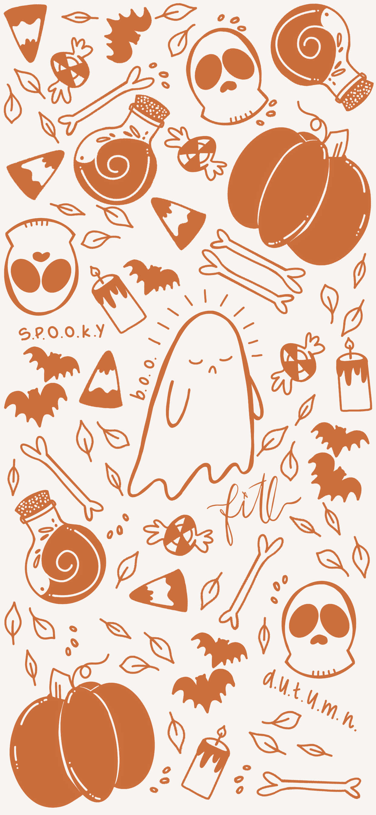 Cute Ghost 桌布 壁紙 — 一個異想天開的萬聖節桌布，橙色幽靈、南瓜、蝙蝠和骨頭散落在淺色背景上。