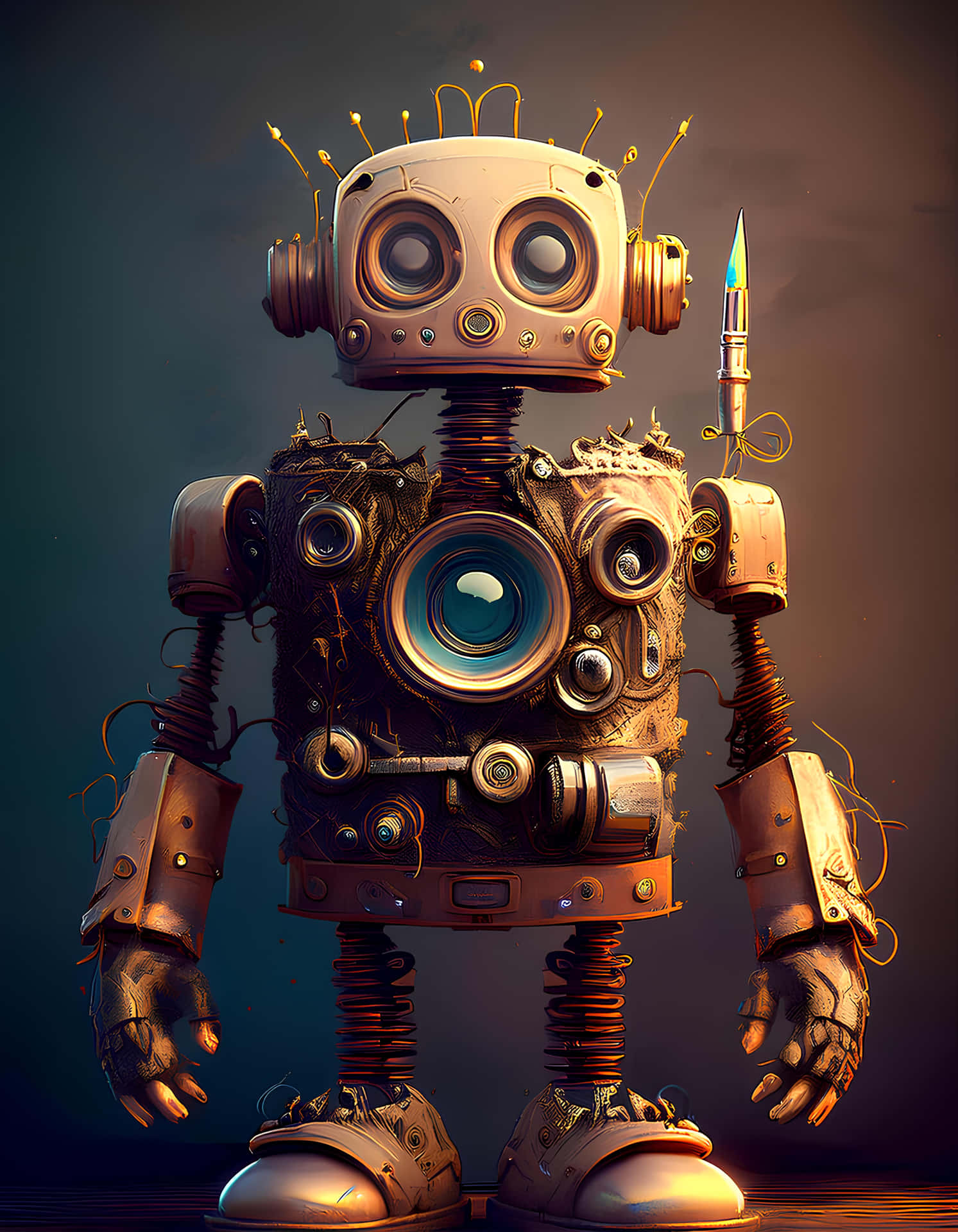 Robot 壁紙 — 一個異想天開的蒸氣龐克機器人，帶有銅彈簧和發光的藍色鏡頭，站在陰鬱的藍綠色背景前。