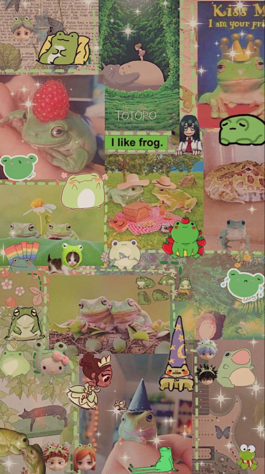 Aesthetic Frog 桌布 壁紙 — 一個異想天開的青蛙主題拼貼畫，包含卡通青蛙、真實青蛙照片以及帶有閃光和俏皮文字的奇幻插圖。