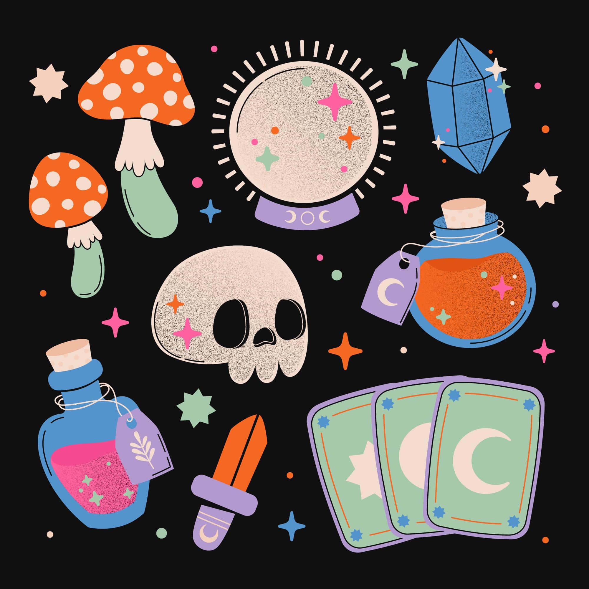 Witchy 桌布 壁紙 — 一個異想天開的魔法物品系列，如蘑菇、水晶和塔羅牌，漂浮在黑暗的星空背景上。