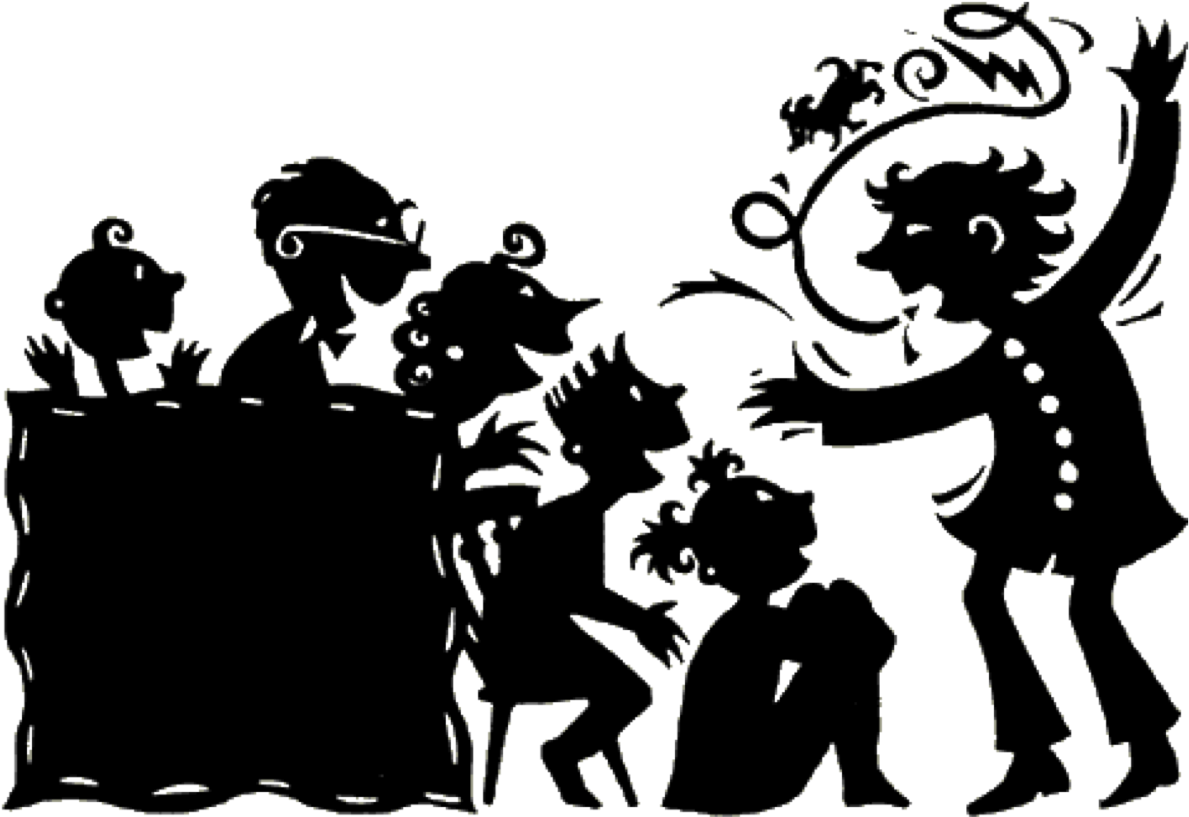 storytelling 桌布 壁紙 — 一個異想天開的黑白線條藝術場景，風格化的人物圍繞著中央桌子進行有趣的互動。