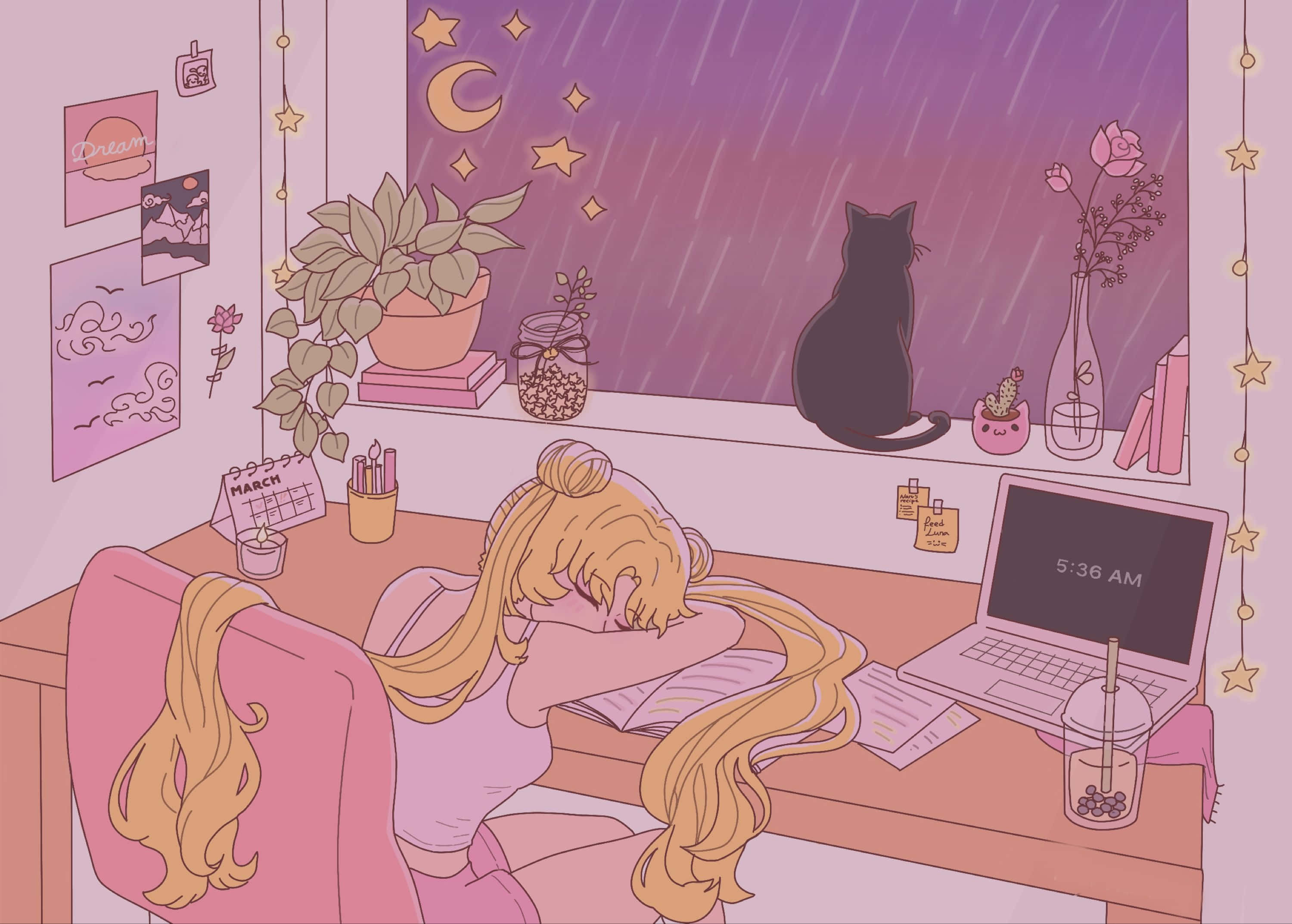Aesthetic Sailor Moon 桌布 壁紙 — 一個疲倦的動漫女孩，長長的金色頭髮，在她粉紅色的書桌上睡覺，一隻黑貓看著雨點在彎月下劃過窗戶。