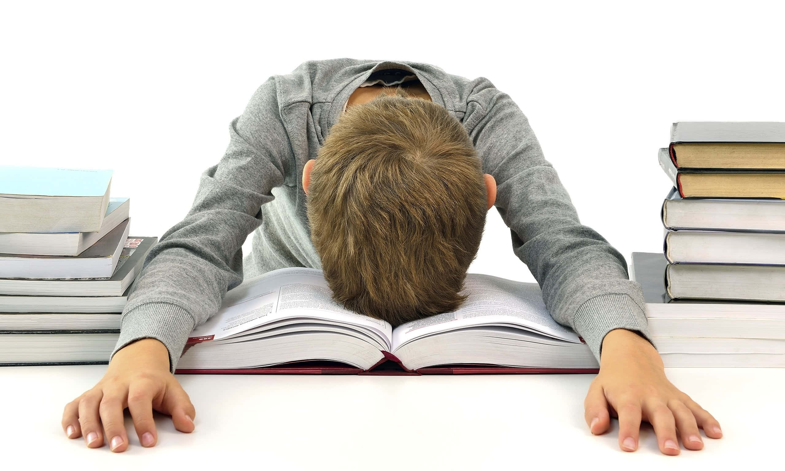 男孩 桌布 壁紙 — 一個疲倦的學生將頭靠在打開的教科書上，周圍是白色書桌上的書堆。